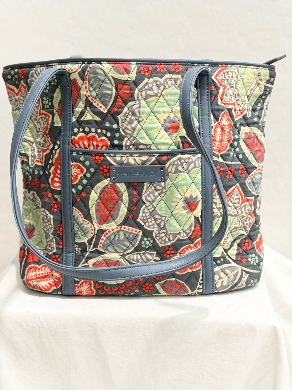 Vera Bradley Quilted Floral Tote in Navy, Red, Mint & Gray